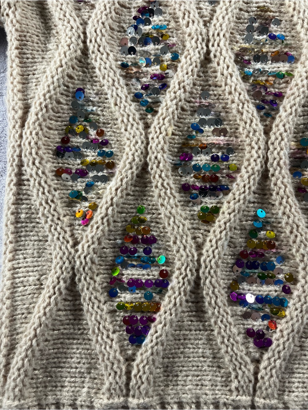 Bibi Beige Cable Knit Sweater with Multicolor Inset Multicolor Sequins Size XL - Picture 2 of 15
